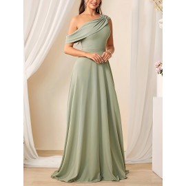 Elegant Mint Green One-Shoulder Chiffon Maxi Dress for Women - Sleeveless, Flowing Design with Ruched Detail, Perfect for Weddings, Parties, and Formal Events, Formal Event Attire|Ruched Detail Dress|Polyester Fabric
