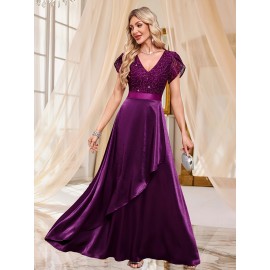 Elegant Purple Sequin Lace-Trimmed V-Neck Gown with Ruffle Sleeves and Flowing Skirt - Perfect for Formal Events, Formal Event Attire|Sequin Embellished Dress|Lace Trim Detail, Elegant Party Dress For Women, Elegant Dress For Women, Elegant Woman'S Dress