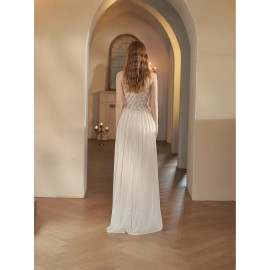 Women's Elegant Champagne Evening Gown - Formal Party Wedding Dress with Sequin Skirt, Mermaid-like Fishtail Train, for Prom, Galas, Hosting Events - Luxury Glamour Dress