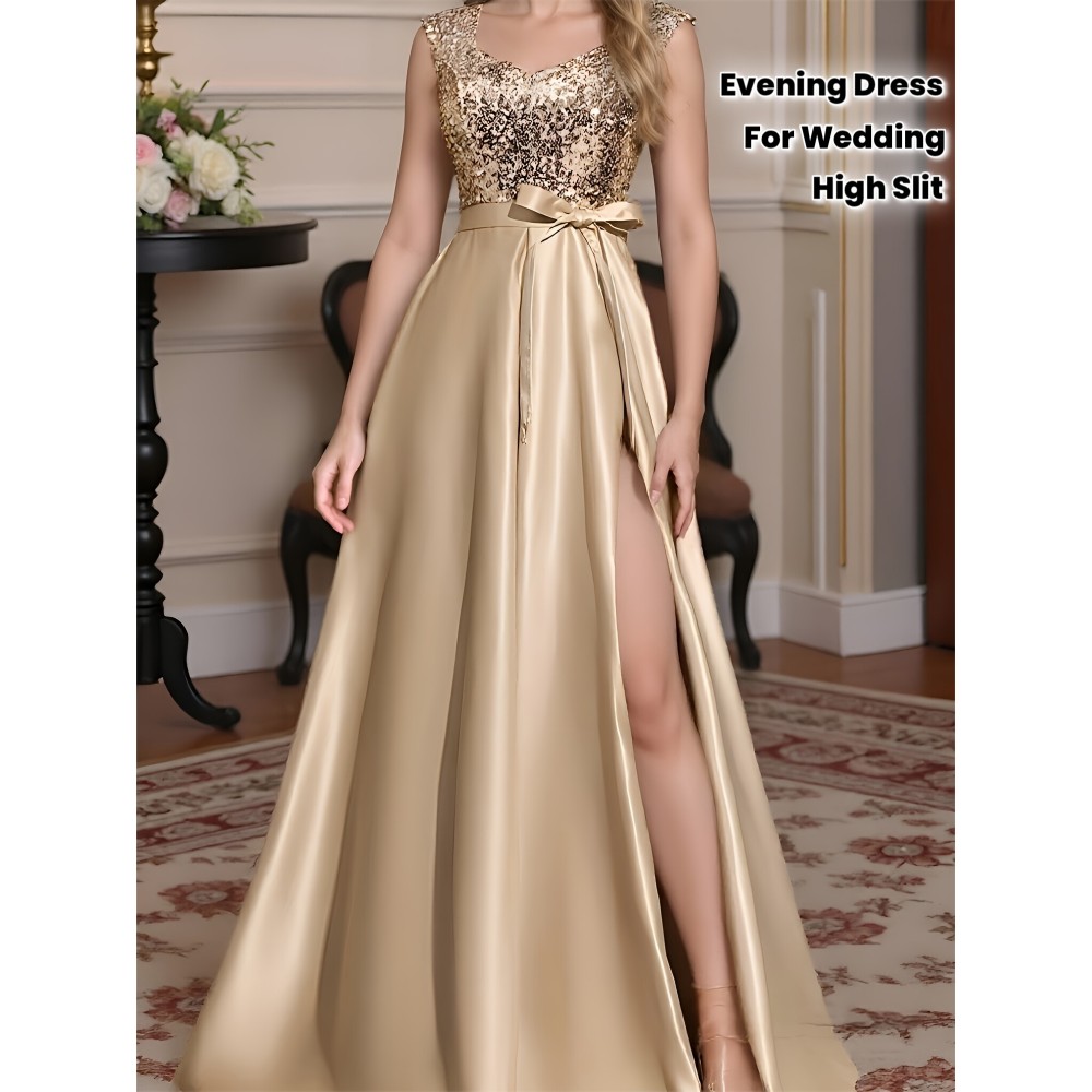 A formal evening gown with champagne colored elegant party sequins spliced high slit to the thigh back, a fashionable French wedding dress, suitable for party dinners/music performances/speech occasions, long dresses