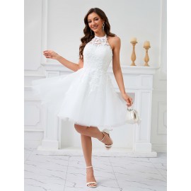 [Elegant Wedding Dress] Elegant Lace Women's Wedding Dress | Sleeveless A-Line Flared Skirt with Round Neck, Built-In Chest Pads & Hand Washable Design for Bridal & Formal Events