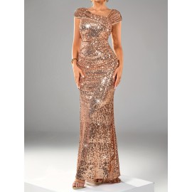 Women's Elegant Sequin Long Evening Gown - High-Waisted Mermaid Backless Formal Dress with Asymmetric One-Shoulder Neckline, Long Sleeve Sparkling Party Wedding Guest Gala Concert Dress, Mermaid Dress