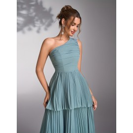 Elegant Mint Green Bridesmaid Evening Gown with Asymmetrical Neckline & Tiered Ruffled Skirt - Sleeveless A-Line Wedding Dress for Women, Perfect for Weddings and Formal Events, Dresses for Wedding Guest, Wedding Guest Attire, Sophisticated Craftsmanship