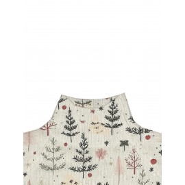 Women'S Elegant High-Neck Sweater with Tree Print - Soft Beige, Long Sleeve, All-Season Wear, Perfect for Casual or Chic Outfits, Versatile Clothing | Chic Knitwear | Texture