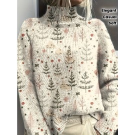 Women'S Elegant High-Neck Sweater with Tree Print - Soft Beige, Long Sleeve, All-Season Wear, Perfect for Casual or Chic Outfits, Versatile Clothing | Chic Knitwear | Texture