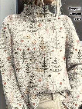 Women'S Elegant High-Neck Sweater with Tree Print - Soft Beige, Long Sleeve, All-Season Wear, Perfect for Casual or Chic Outfits, Versatile Clothing | Chic Knitwear | Texture