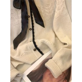 Elegant French-Style Color Block Long Sleeve Sweater with Bow Tie Detail, Round Neck, Button Front, Ribbed Cuffs - Perfect for Spring/Summer/Fall/Winter Outings and Valentine'S Day, Cute Sweaters