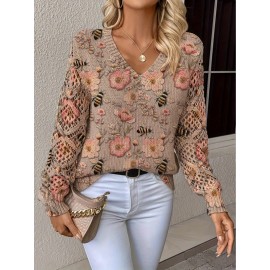 Elegant All-Season Bohemian Fashionable Versatile Pullover V Neck Long Sleeve Women's Top with Floral Pattern Flat Digital Print, Full-Piece Knitwear for Office Wear Street Style Home Outings