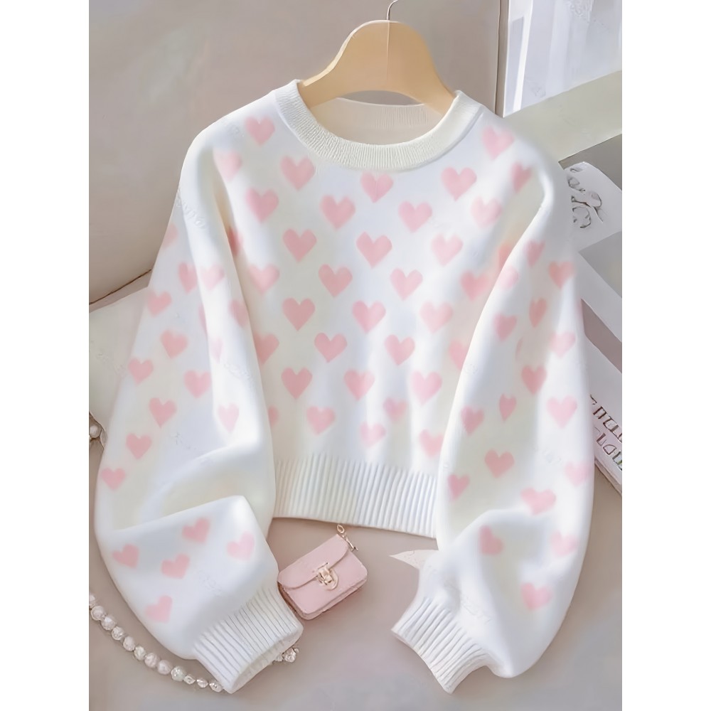 Women's Sweater - Soft Pink Heart pattern Sweater, Chic Crewneck Pullover for Everyday & Formal Outfits, All-Season Elegant Women's Sweater, Versatile Fashion, Sweet Aesthetic Top, Comfortable Fit, Durable Fabric