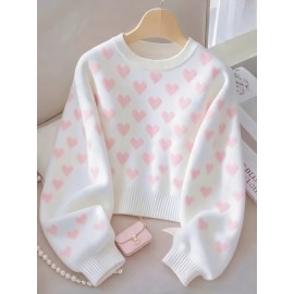 Women's Sweater - Soft Pink Heart pattern Sweater, Chic Crewneck Pullover for Everyday & Formal Outfits, All-Season Elegant Women's Sweater, Versatile Fashion, Sweet Aesthetic Top, Comfortable Fit, Durable Fabric