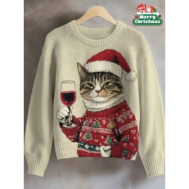 Women'S 3D Printed Cat & Wine Glass Sweater - Cozy Crew Neck, Long Sleeve, Festive Holiday Design with Santa Hat & Christmas Tree, Perfect for Fall & Winter, Holiday Sweater | Festive Cat Design | Construction, Cat Sweater
