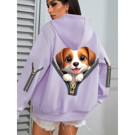 Plus Size Women's Cute Puppy Print Hoodie - Cozy Fleece-Lined Sweatshirt with Front Pocket & Drawstring Hood, Machine Washable Fall Winter Casual Fashion, Cute Hoodies, Autumn Apparel, Playful Design, Durable Zipper Detail