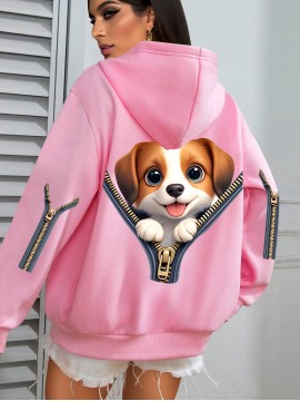 Plus Size Women's Cute Puppy Print Hoodie - Cozy Fleece-Lined Sweatshirt with Front Pocket & Drawstring Hood, Machine Washable Fall Winter Casual Fashion, Cute Hoodies, Autumn Apparel, Playful Design, Durable Zipper Detail