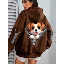 Plus Size Women's Cute Puppy Print Hoodie - Cozy Fleece-Lined Sweatshirt with Front Pocket & Drawstring Hood, Machine Washable Fall Winter Casual Fashion, Cute Hoodies, Autumn Apparel, Playful Design, Durable Zipper Detail