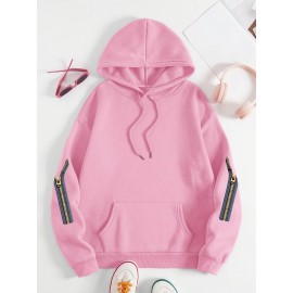 Plus Size Women's Cute Puppy Print Hoodie - Cozy Fleece-Lined Sweatshirt with Front Pocket & Drawstring Hood, Machine Washable Fall Winter Casual Fashion, Cute Hoodies, Autumn Apparel, Playful Design, Durable Zipper Detail