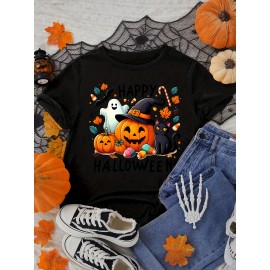 Halloween Women'S Plus Size T-Shirt - Spooky Pumpkin & Cat Graphic, Short Sleeve, Round Neck, Stretchy Polyester Blend, Casual & Elegant Style for Spring/Summer/Fall, Fall Fashion Top | Halloween Apparel | Stretchy Fabric
