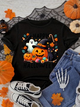 Halloween Women'S Plus Size T-Shirt - Spooky Pumpkin & Cat Graphic, Short Sleeve, Round Neck, Stretchy Polyester Blend, Casual & Elegant Style for Spring/Summer/Fall, Fall Fashion Top | Halloween Apparel | Stretchy Fabric