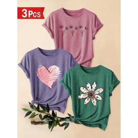 3pcs Women'S Floral Print T-Shirts - Casual Crew Neck, Short Sleeve, Medium Stretch Summer Tops with Heart & Flower Design, Plus Size, Fashionable for Commute, Vacation & Casual Attire