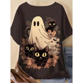 Plus Size - Plus Size - Women'S Plus Size Halloween T-Shirt - Cute Ghost & Pumpkin Print, Casual Crew Neck Short Sleeve Top, Medium Stretch, Non-Transparent, Machine Washable, Festive Summer Fashion, Halloween Apparel | Playful Print Top | Stretchy Fabric