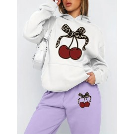 [Playful Design|Cherry Themed] Playful Design|Cherry Themed Hoodie and Pants Set - Casual Long Sleeve Pullover with Pockets, Fall/Winter Collection, Women's Fashion
