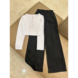 Casual Stretch Slim Fit Crew Neck Button Pullover T-Shirt + Elastic Waist Wide Leg Pants Long Set