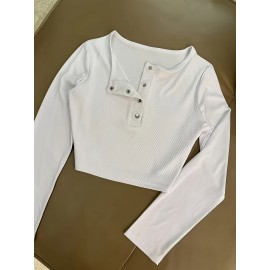 Casual Stretch Slim Fit Crew Neck Button Pullover T-Shirt + Elastic Waist Wide Leg Pants Long Set