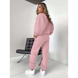 Letter Print Two Piece Set, Crew Neck Sweatshirt & Pants, Women's Clothing