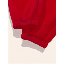 [Chicago U.S.A. Print Hoodie Set] Red Polyester Women's Chicago U.S.A. Letter Print Hoodie & Pants Set - Drawstring, Machine Washable Casual Outfit