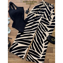 Women's 2pcs Sleeveless Off-Shoulder High-Waisted Set - Black & White Geometric Zebra Stripe Wide-Leg Pants & Top, Non-Stretch Summer Outfit for Beach, Casual Semi-Formal Wear, 2pcs Outfit Set (No Accessories Included)