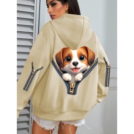 Plus Size Women's Cute Puppy Print Hoodie - Cozy Fleece-Lined Sweatshirt with Front Pocket & Drawstring Hood, Machine Washable Fall Winter Casual Fashion, Cute Hoodies, Autumn Apparel, Playful Design, Durable Zipper Detail