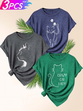 3pcs Women'S Retro Graphic T-Shirt Set - 