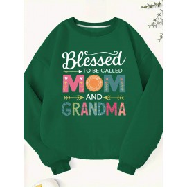 [Mom & Grandma Sweatshirt] 100% Polyester Blessed to be Called Mom & Grandma Women's Plus Size Casual Sweatshirt - Vibrant Green Geometric Print, Machine Washable, Autumn Winter Warmth, Family Gift Idea, Graphic Crewneck Top