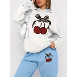[Playful Design|Cherry Themed] Playful Design|Cherry Themed Hoodie and Pants Set - Casual Long Sleeve Pullover with Pockets, Fall/Winter Collection, Women's Fashion
