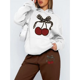 [Playful Design|Cherry Themed] Playful Design|Cherry Themed Hoodie and Pants Set - Casual Long Sleeve Pullover with Pockets, Fall/Winter Collection, Women's Fashion