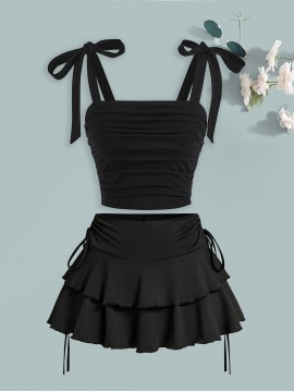 [Spring Sexy Dress] 2pcs Set Spring/Summer Sexy Short Dress Outfit + Fashion Bow Tie Camisole Vest, Multi-Layer Drawstring Women's Skirt